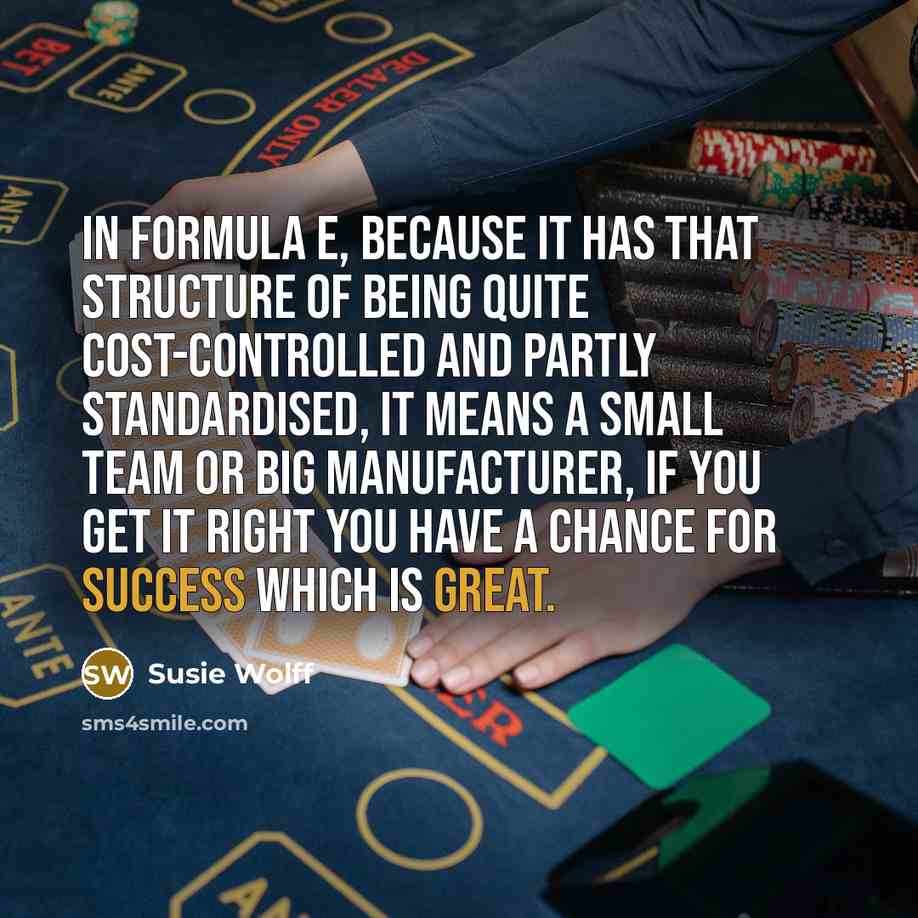 “In Formula E, because it has that structure of being quite cost-controlled and partly standardised, it means a small team or big manufacturer, if you get it right you have a chance for success which is great.” quote by Susie Wolff