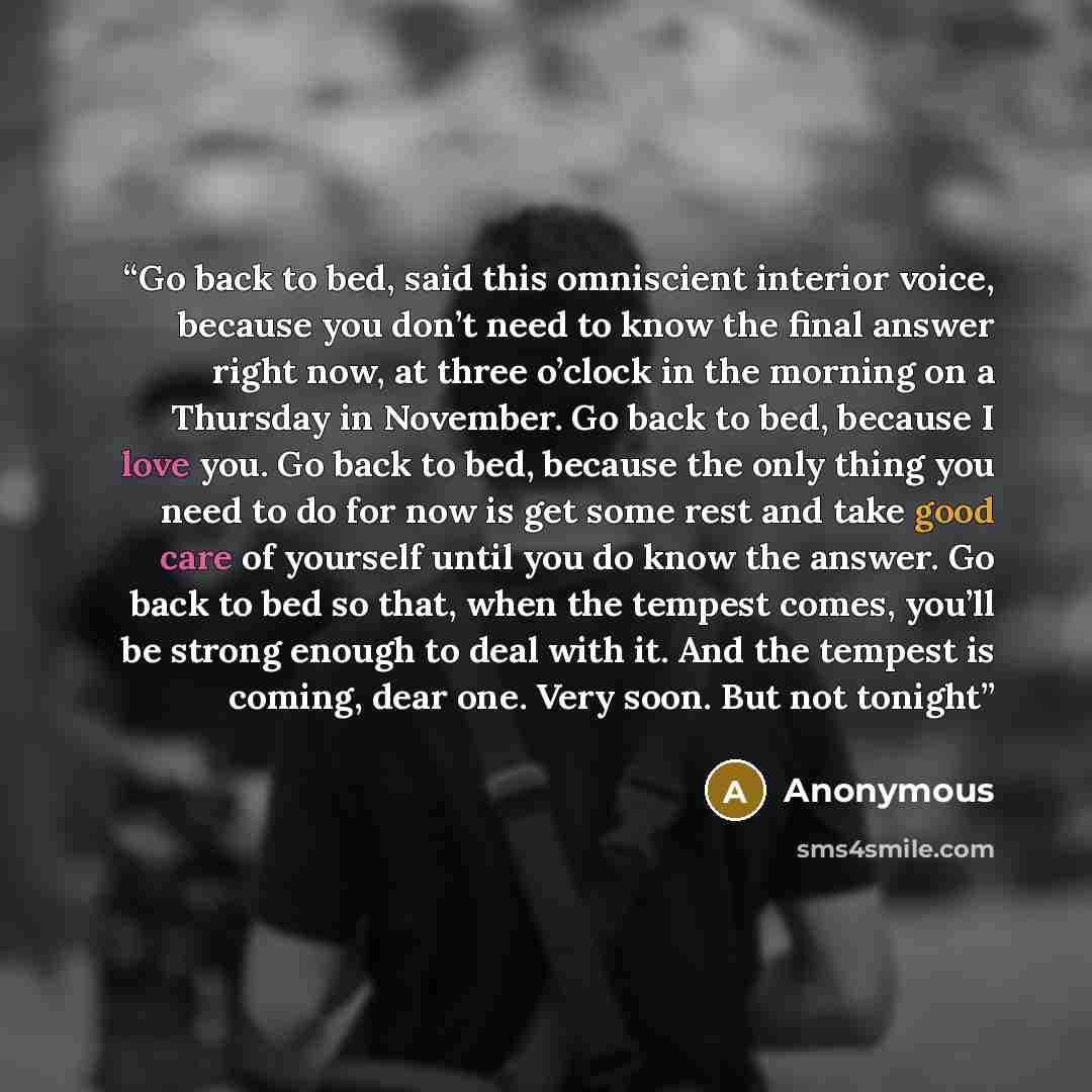 “Go back to bed, said this omniscient interior voice, because you don’t need to know the final answer right now, at three o’clock in the morning on a Thursday in November. Go back to bed, because I love you. Go back to bed, because the only thing you need to do for now is get some rest and take…” quote by Anonymous
