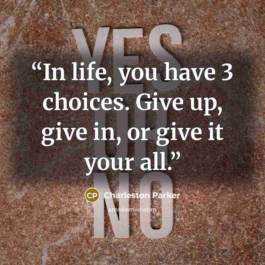 “In life, you have 3 choices. Give up, give in, or give it your all.” quote by Charleston Parker