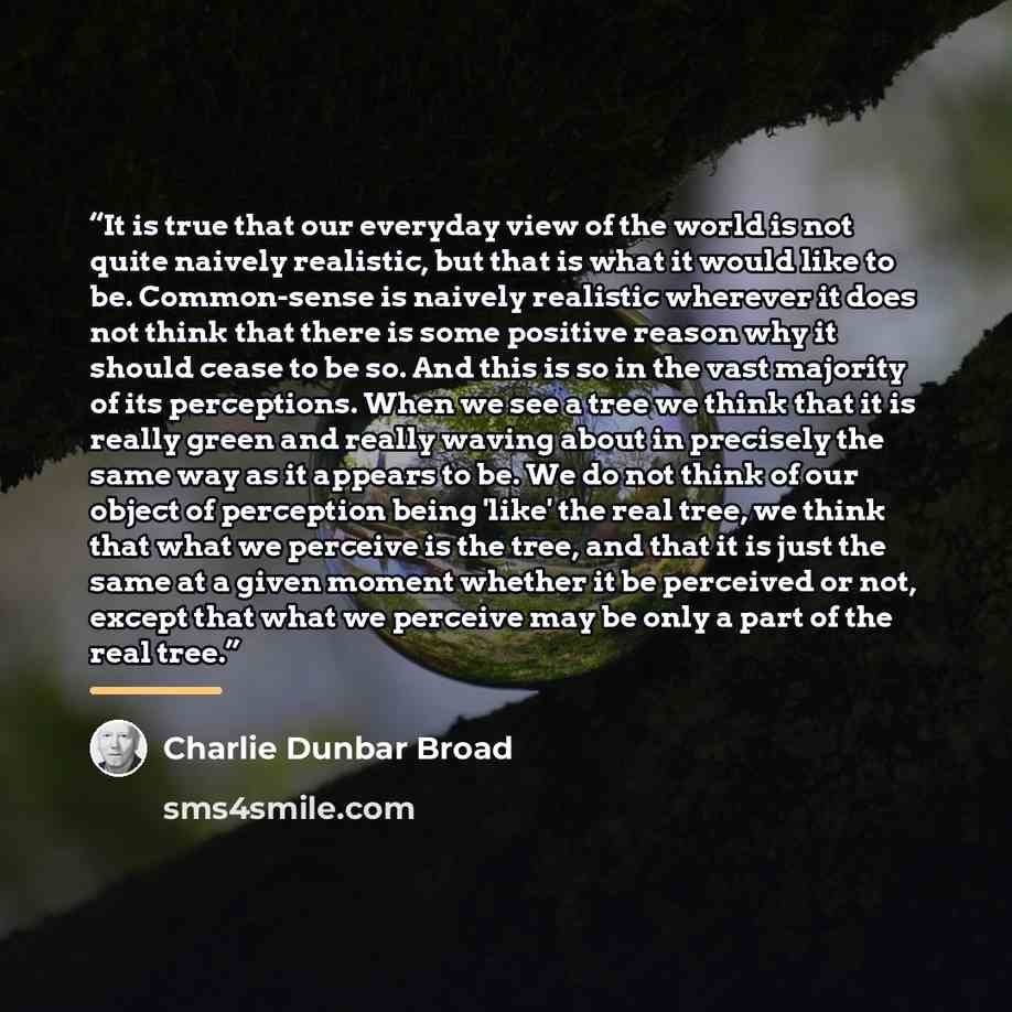 “It is true that our everyday view of the world is not quite naively realistic, but that is what it would like to be. Common-sense is naively realistic wherever it does not think that there is some positive reason why it should cease to be so. And this is so in the vast majority of its perceptions…” quote by Anonymous