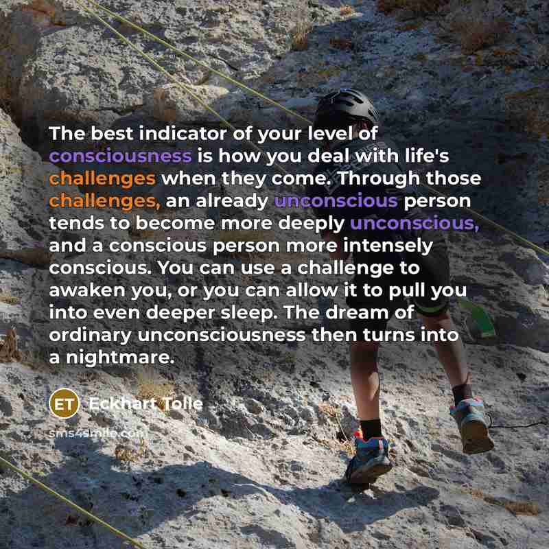 “The best indicator of your level of consciousness is how you deal with life's challenges when they come. Through those challenges, an already unconscious person tends to become more deeply unconscious, and a conscious person more intensely conscious. You can use a challenge to awaken you, or you…” quote by Eckhart Tolle