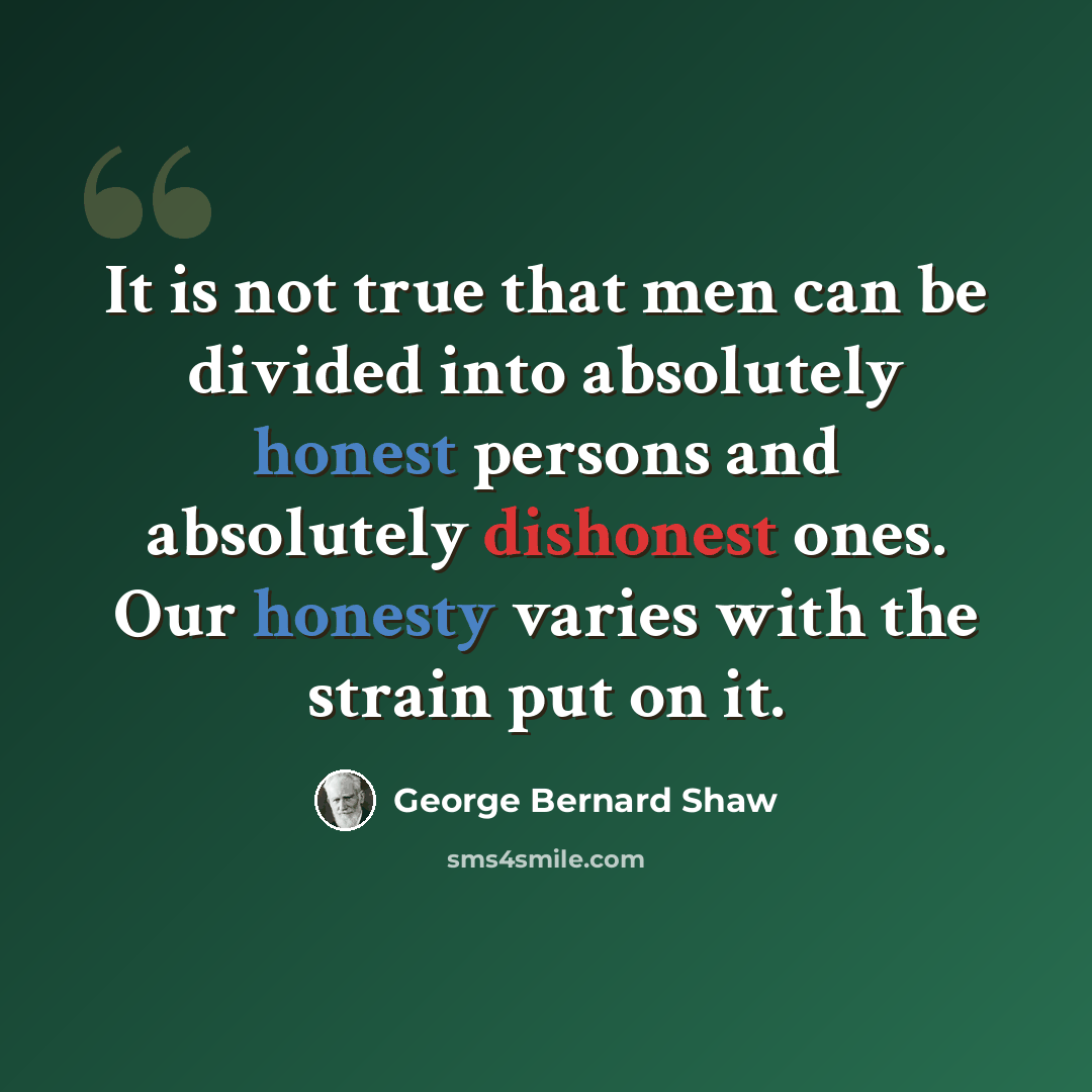 “It is not true that men can be divided into absolutely honest persons and absolutely dishonest ones. Our honesty varies with the strain put on it.” quote by George Bernard Shaw