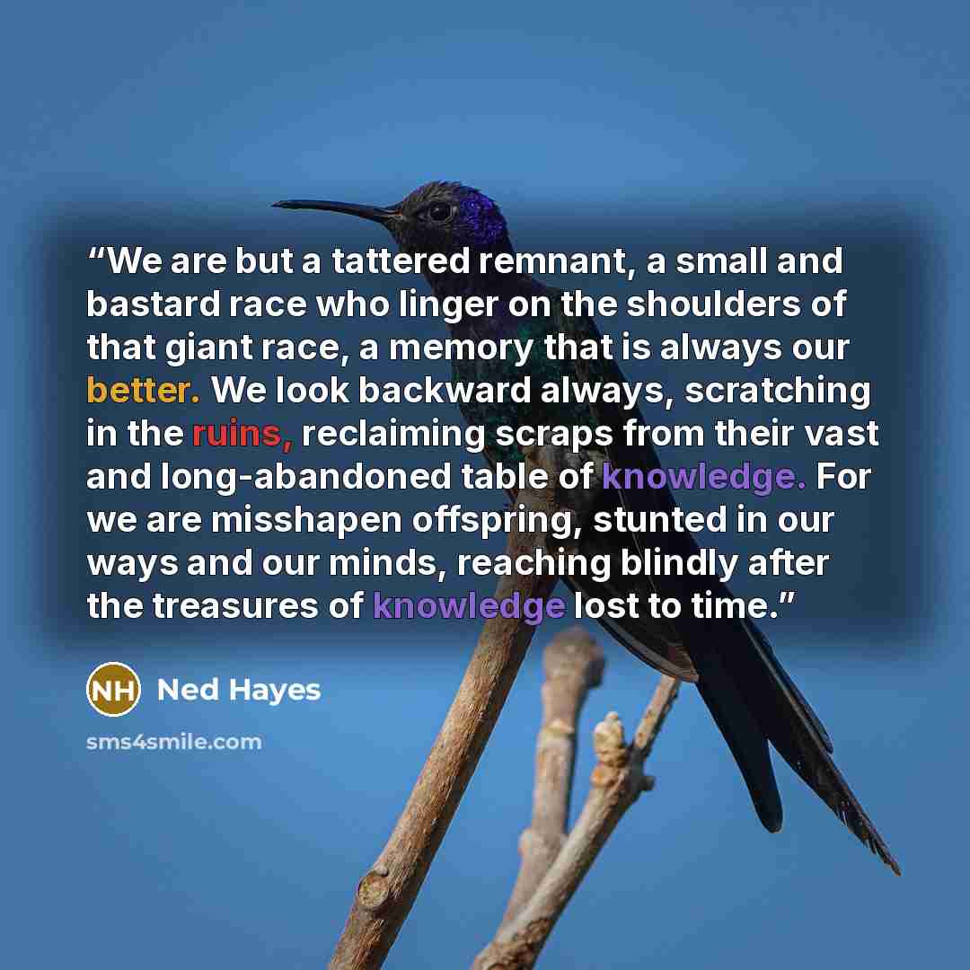 “We are but a tattered remnant, a small and bastard race who linger on the shoulders of that giant race, a memory that is always our better. We look backward always, scratching in the ruins, reclaiming scraps from their vast and long-abandoned table of knowledge. For we are misshapen offspring…” quote by Ned Hayes