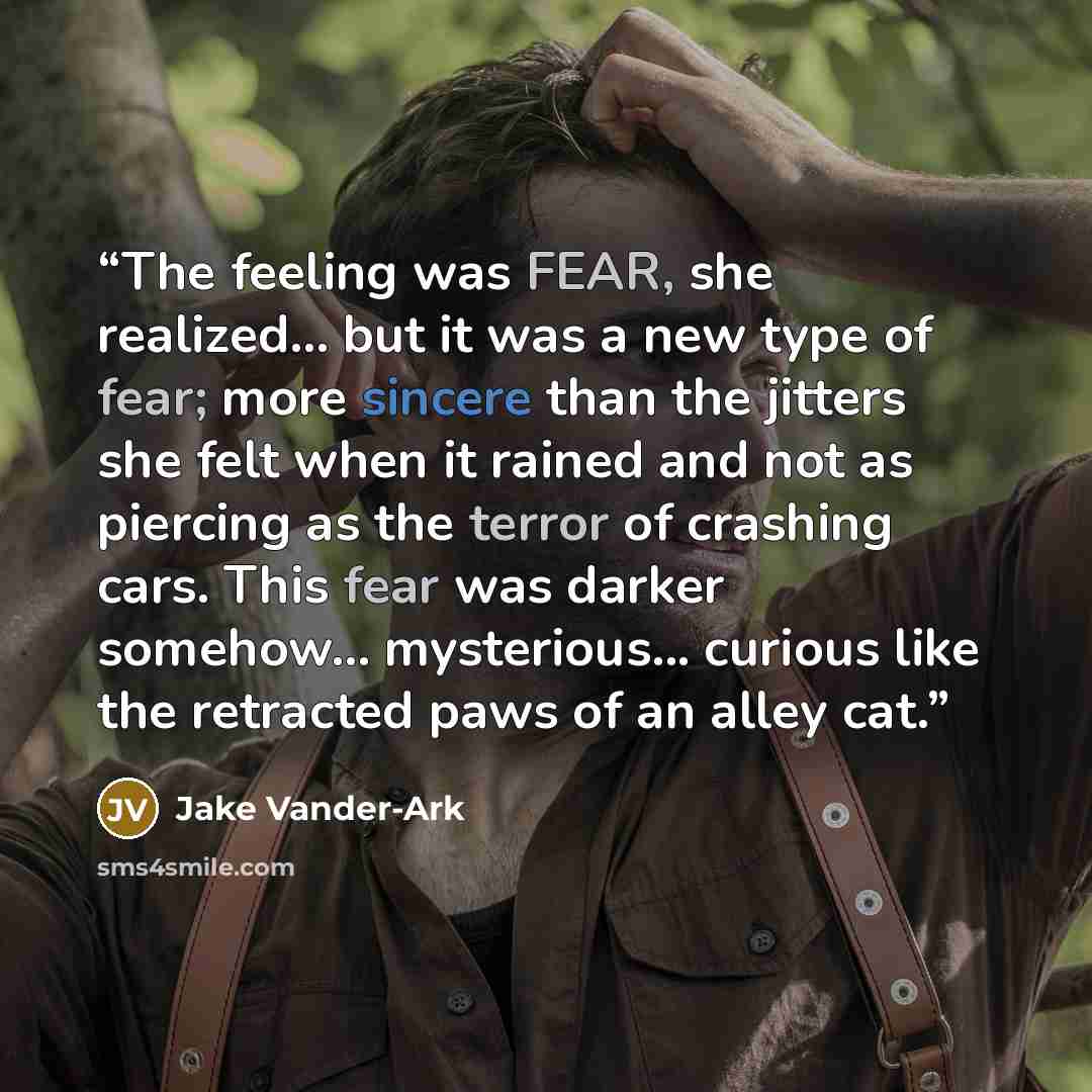 “The feeling was FEAR, she realized... but it was a new type of fear; more sincere than the jitters she felt when it rained and not as piercing as the terror of crashing cars. This fear was darker somehow... mysterious... curious like the retracted paws of an alley cat.” quote by Jake Vander-Ark