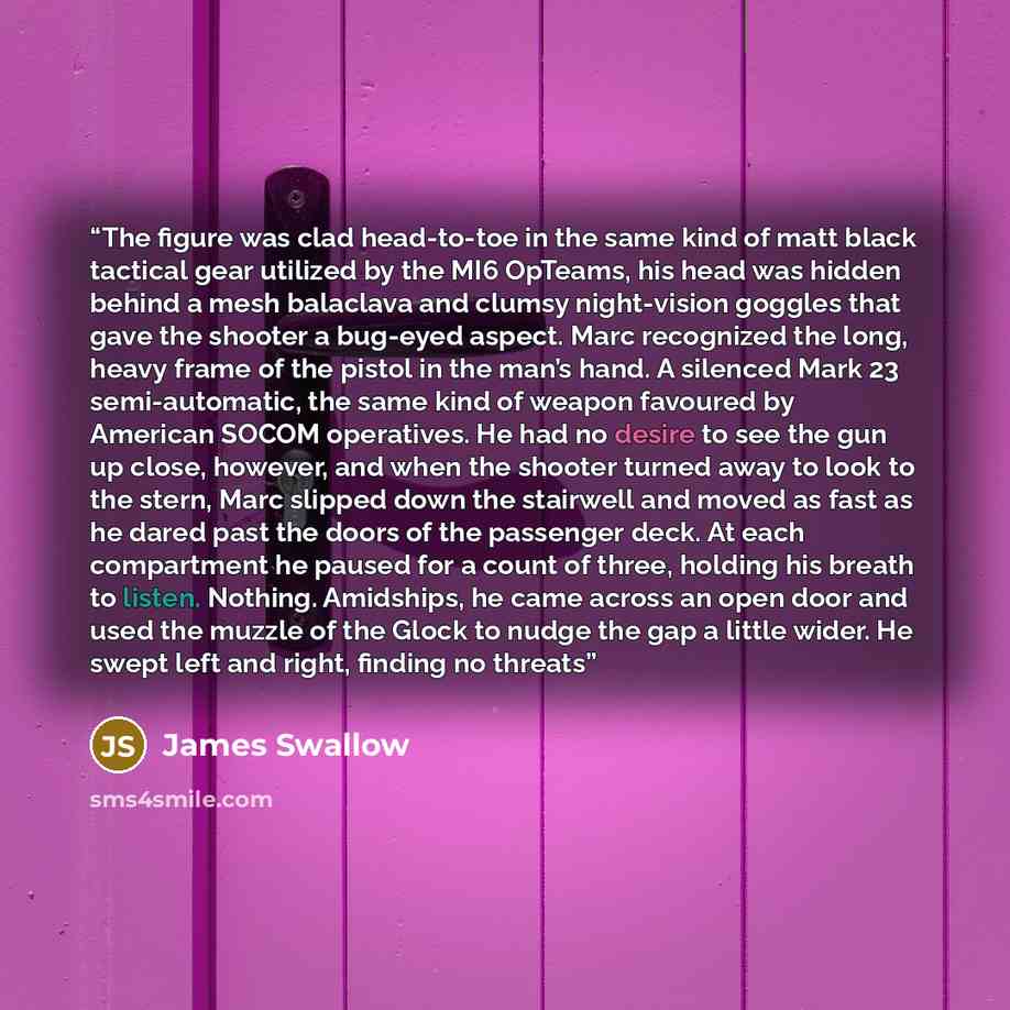 “The figure was clad head-to-toe in the same kind of matt black tactical gear utilized by the MI6 OpTeams, his head was hidden behind a mesh balaclava and clumsy night-vision goggles that gave the shooter a bug-eyed aspect. Marc recognized the long, heavy frame of the pistol in the man’s hand. A…” quote by James Swallow