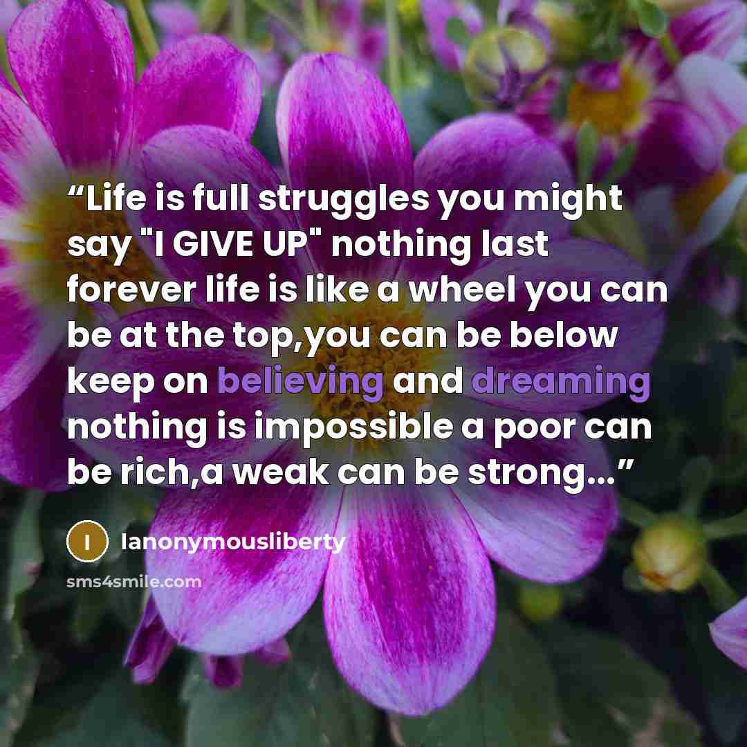 “Life is full struggles you might say "I GIVE UP" nothing last forever life is like a wheel you can be at the top,you can be below keep on believing and dreaming nothing is impossible a poor can be rich,a weak can be strong...” quote by Ianonymousliberty