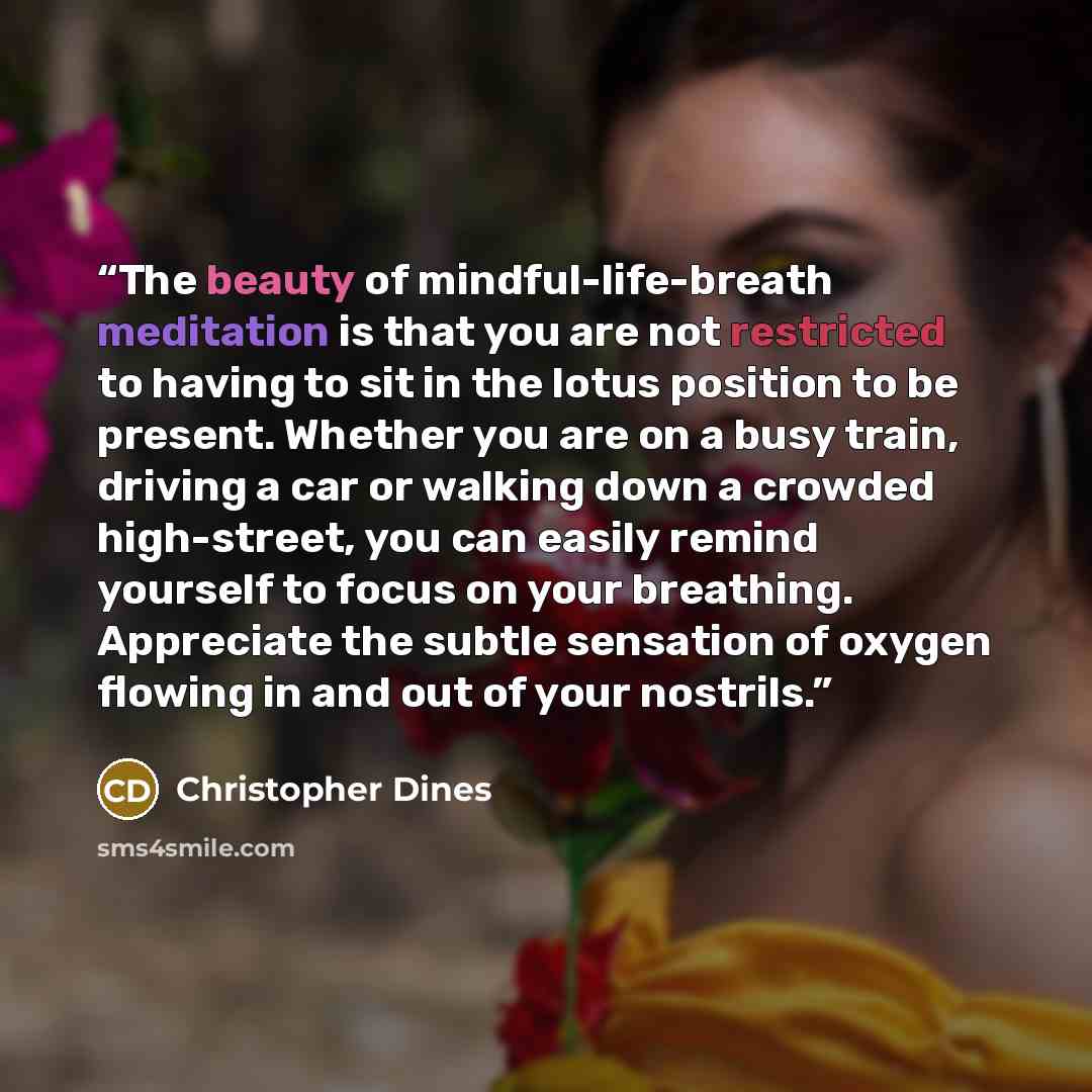 “The beauty of mindful-life-breath meditation is that you are not restricted to having to sit in the lotus position to be present. Whether you are on a busy train, driving a car or walking down a crowded high-street, you can easily remind yourself to focus on your breathing. Appreciate the subtle…” quote by Christopher Dines