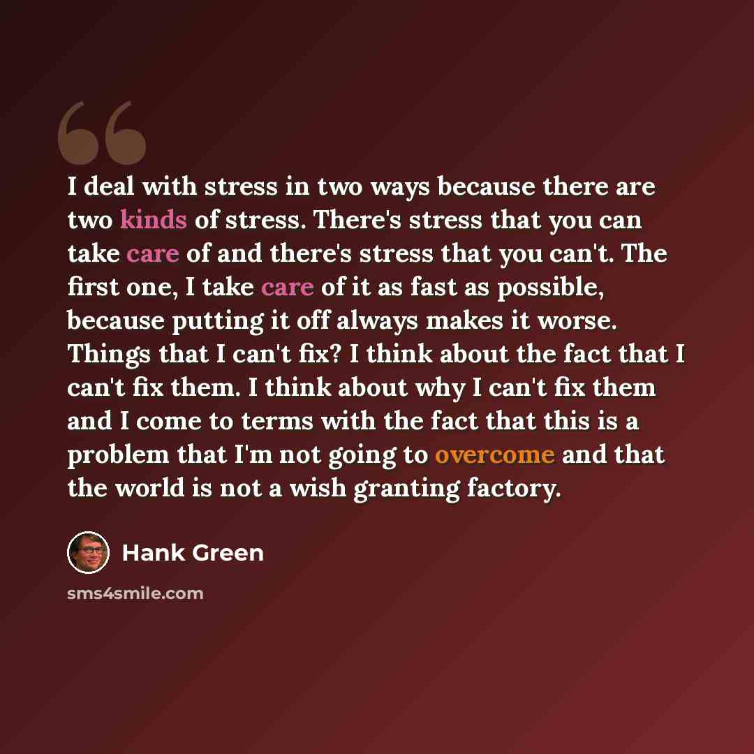 “I deal with stress in two ways because there are two kinds of stress. There's stress that you can take care of and there's stress that you can't. The first one, I take care of it as fast as possible, because putting it off always makes it worse. Things that I can't fix? I think about the fact that…” quote by Hank Green