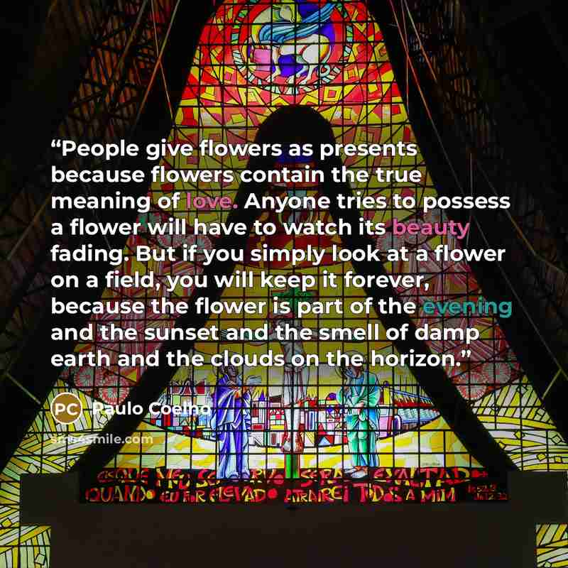 “People give flowers as presents because flowers contain the true meaning of love. Anyone tries to possess a flower will have to watch its beauty fading. But if you simply look at a flower on a field, you will keep it forever, because the flower is part of the evening and the sunset and the smell…” quote by Paulo Coelho