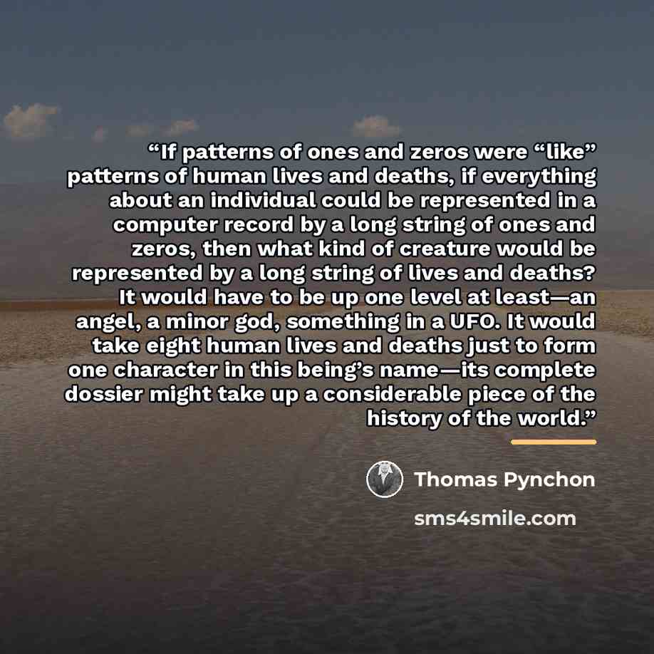 “If patterns of ones and zeros were “like” patterns of human lives and deaths, if everything about an individual could be represented in a computer record by a long string of ones and zeros, then what kind of creature would be represented by a long string of lives and deaths? It would have to be up…” quote by Thomas Pynchon