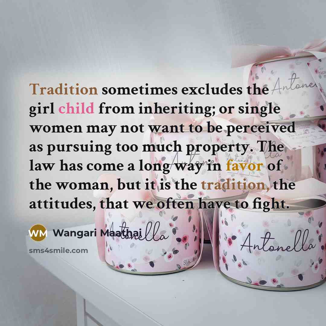 “Tradition sometimes excludes the girl child from inheriting; or single women may not want to be perceived as pursuing too much property. The law has come a long way in favor of the woman, but it is the tradition, the attitudes, that we often have to fight.” quote by Wangari Maathai