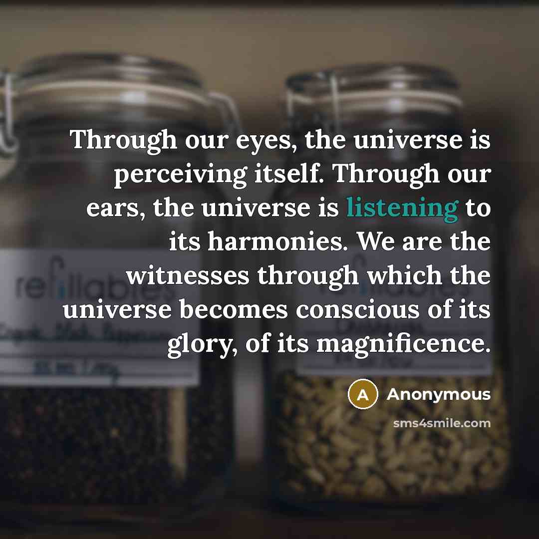 “Through our eyes, the universe is perceiving itself. Through our ears, the universe is listening to its harmonies. We are the witnesses through which the universe becomes conscious of its glory, of its magnificence.” quote by Anonymous