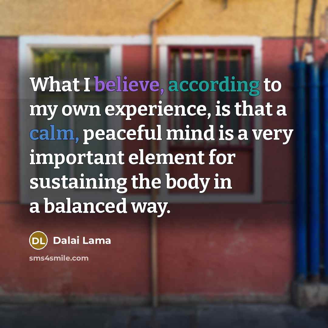 “What I believe, according to my own experience, is that a calm, peaceful mind is a very important element for sustaining the body in a balanced way.” quote by Dalai Lama