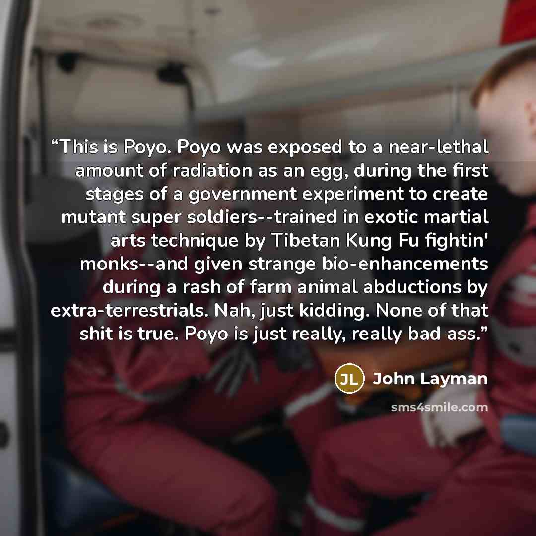 “This is Poyo. Poyo was exposed to a near-lethal amount of radiation as an egg, during the first stages of a government experiment to create mutant super soldiers--trained in exotic martial arts technique by Tibetan Kung Fu fightin' monks--and given strange bio-enhancements during a rash of farm…” quote by John Layman