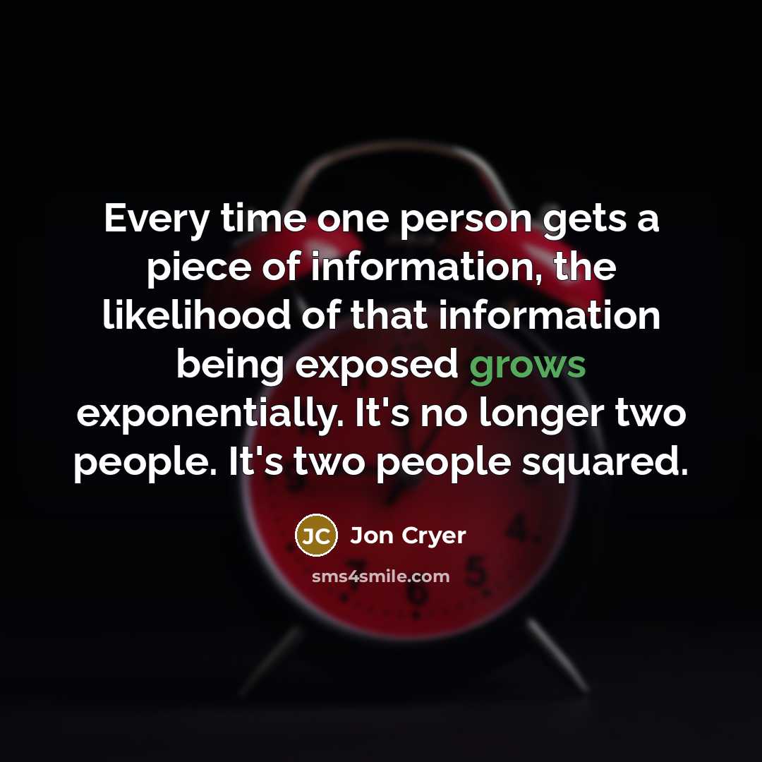 “Every time one person gets a piece of information, the likelihood of that information being exposed grows exponentially. It's no longer two people. It's two people squared.” quote by Jon Cryer