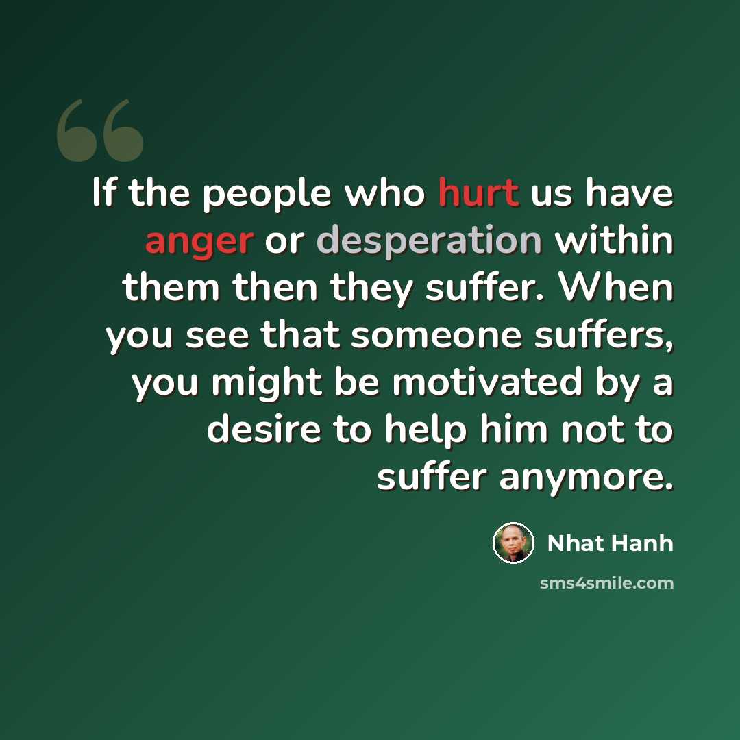 “If the people who hurt us have anger or desperation within them then they suffer. When you see that someone suffers, you might be motivated by a desire to help him not to suffer anymore.” quote by Nhat Hanh