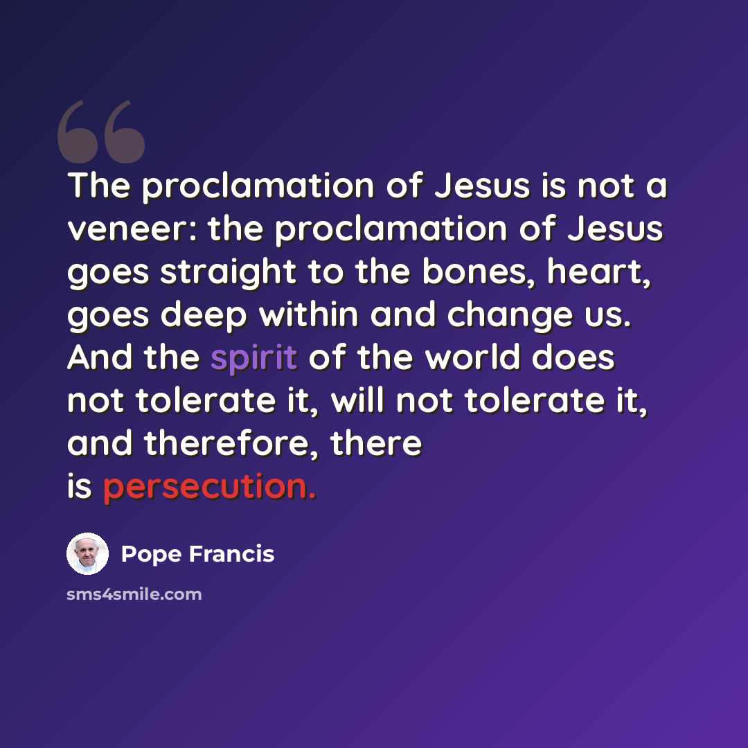 “The proclamation of Jesus is not a veneer: the proclamation of Jesus goes straight to the bones, heart, goes deep within and change us. And the spirit of the world does not tolerate it, will not tolerate it, and therefore, there is persecution.” quote by Pope Francis