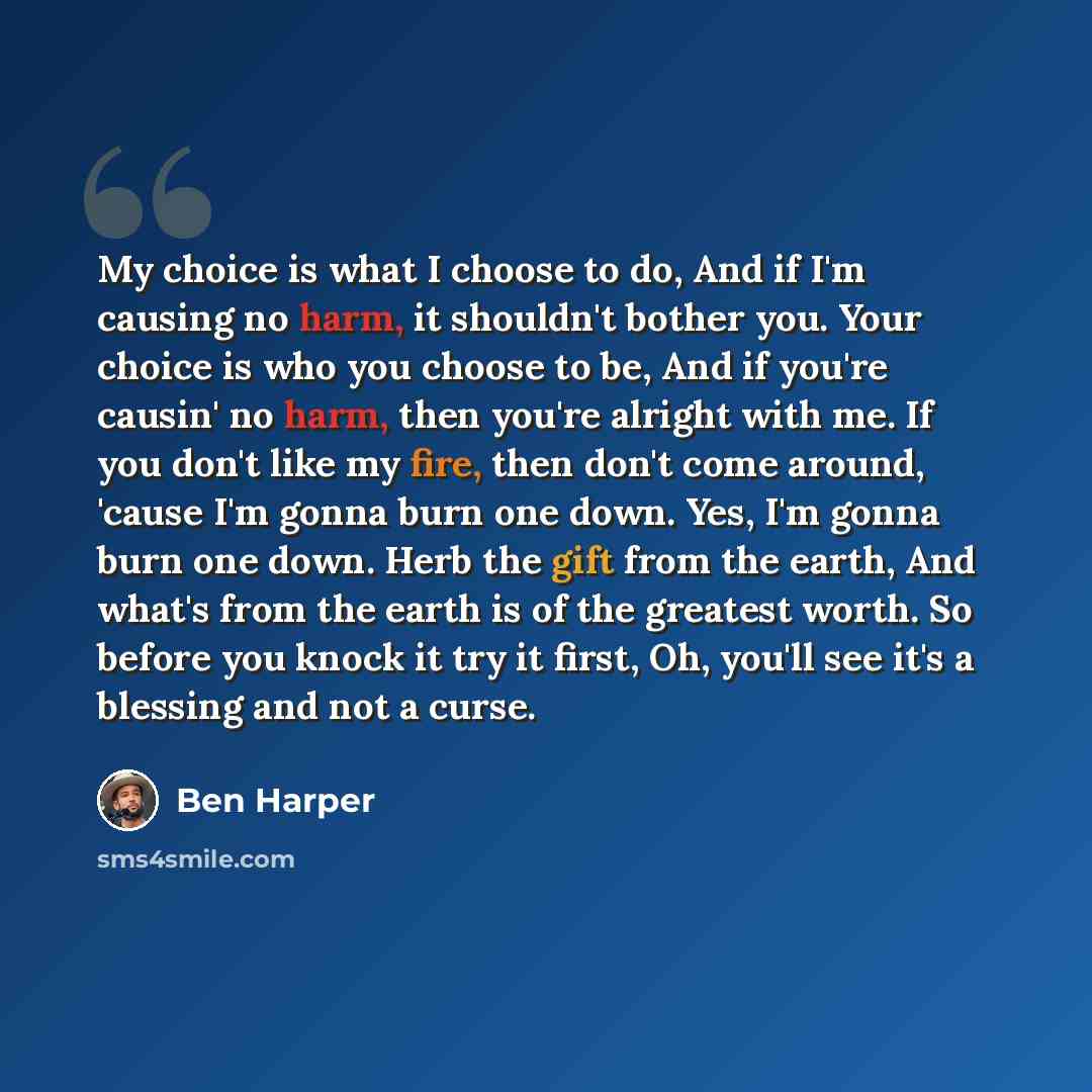 “My choice is what I choose to do, And if I'm causing no harm, it shouldn't bother you. Your choice is who you choose to be, And if you're causin' no harm, then you're alright with me. If you don't like my fire, then don't come around, 'cause I'm gonna burn one down. Yes, I'm gonna burn one down…” quote by Ben Harper