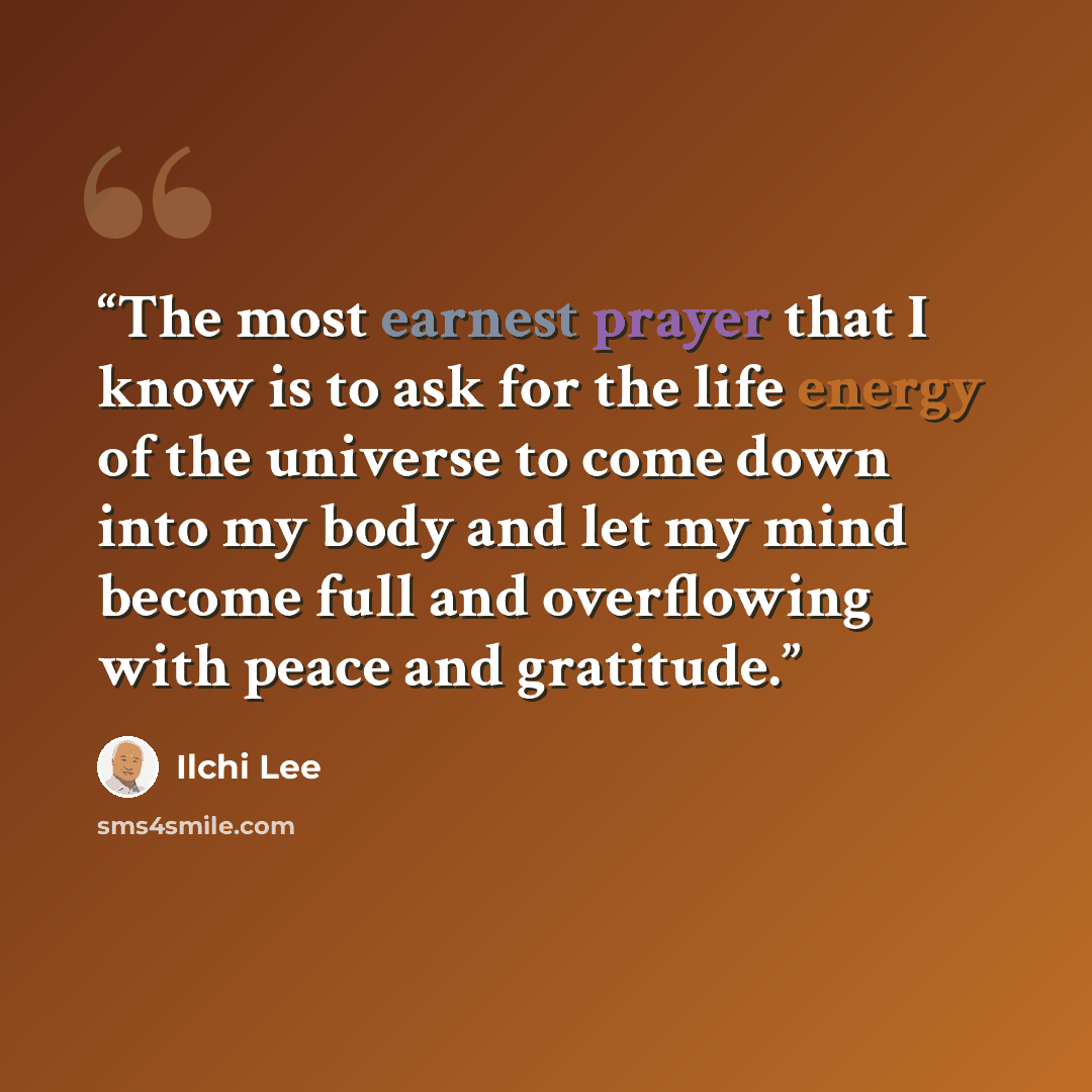 “The most earnest prayer that I know is to ask for the life energy of the universe to come down into my body and let my mind become full and overflowing with peace and gratitude.” quote by Ilchi Lee