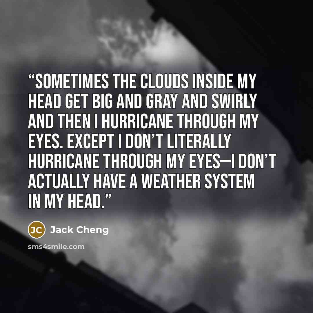 “Sometimes the clouds inside my head get big and gray and swirly and then I hurricane through my eyes. Except I don’t literally hurricane through my eyes—I don’t actually have a weather system in my head.” quote by Jack Cheng