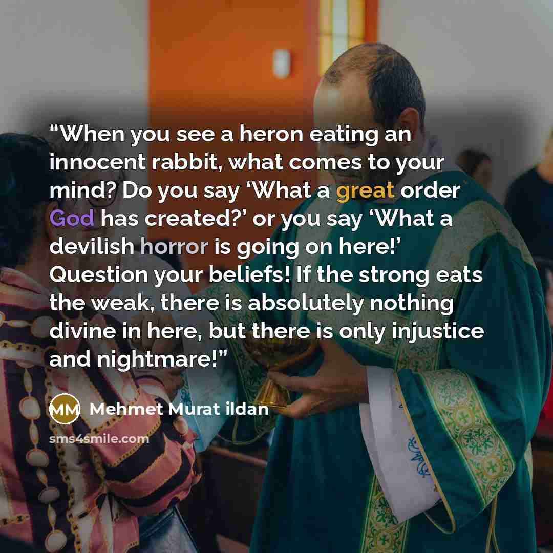 “When you see a heron eating an innocent rabbit, what comes to your mind? Do you say ‘What a great order God has created?’ or you say ‘What a devilish horror is going on here!’ Question your beliefs! If the strong eats the weak, there is absolutely nothing divine in here, but there is only…” quote by Mehmet Murat ildan