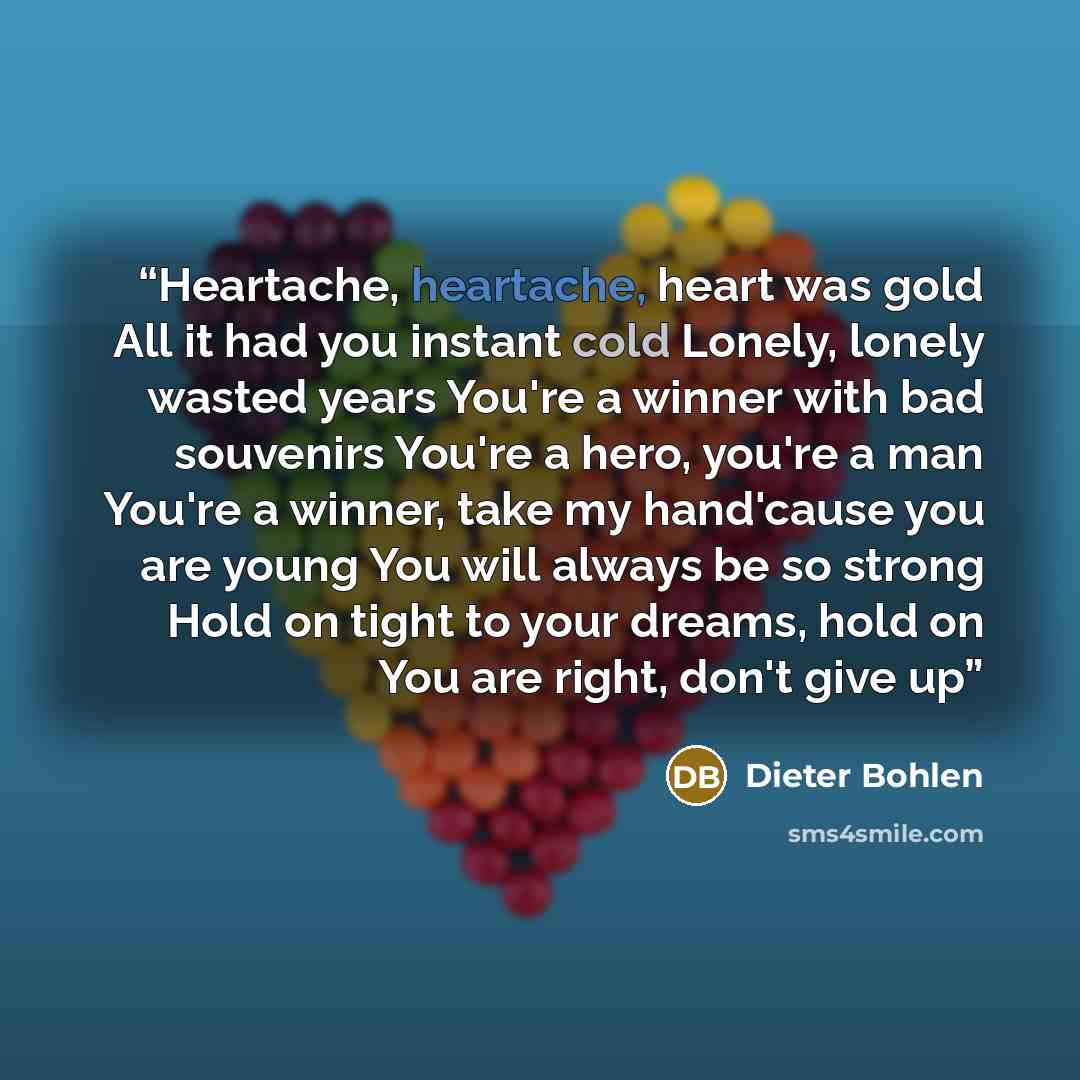 “Heartache, heartache, heart was gold All it had you instant cold Lonely, lonely wasted years You're a winner with bad souvenirs You're a hero, you're a man You're a winner, take my hand'cause you are young You will always be so strong Hold on tight to your dreams, hold on You are right, don't give…” quote by Dieter Bohlen