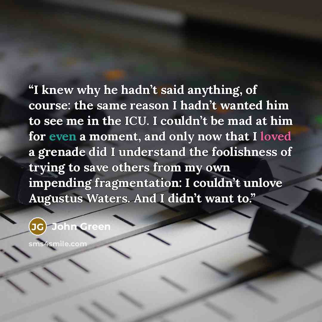 “I knew why he hadn’t said anything, of course: the same reason I hadn’t wanted him to see me in the ICU. I couldn’t be mad at him for even a moment, and only now that I loved a grenade did I understand the foolishness of trying to save others from my own impending fragmentation: I couldn’t unlove…” quote by John Green