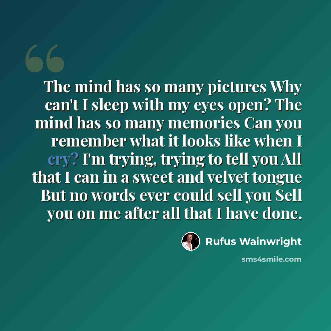 “The mind has so many pictures Why can't I sleep with my eyes open? The mind has so many memories Can you remember what it looks like when I cry? I'm trying, trying to tell you All that I can in a sweet and velvet tongue But no words ever could sell you Sell you on me after all that I have done.” quote by Rufus Wainwright
