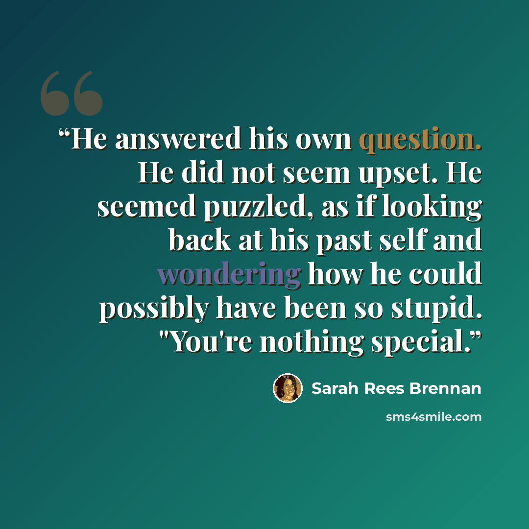“He answered his own question. He did not seem upset. He seemed puzzled, as if looking back at his past self and wondering how he could possibly have been so stupid. "You're nothing special.” quote by Sarah Rees Brennan