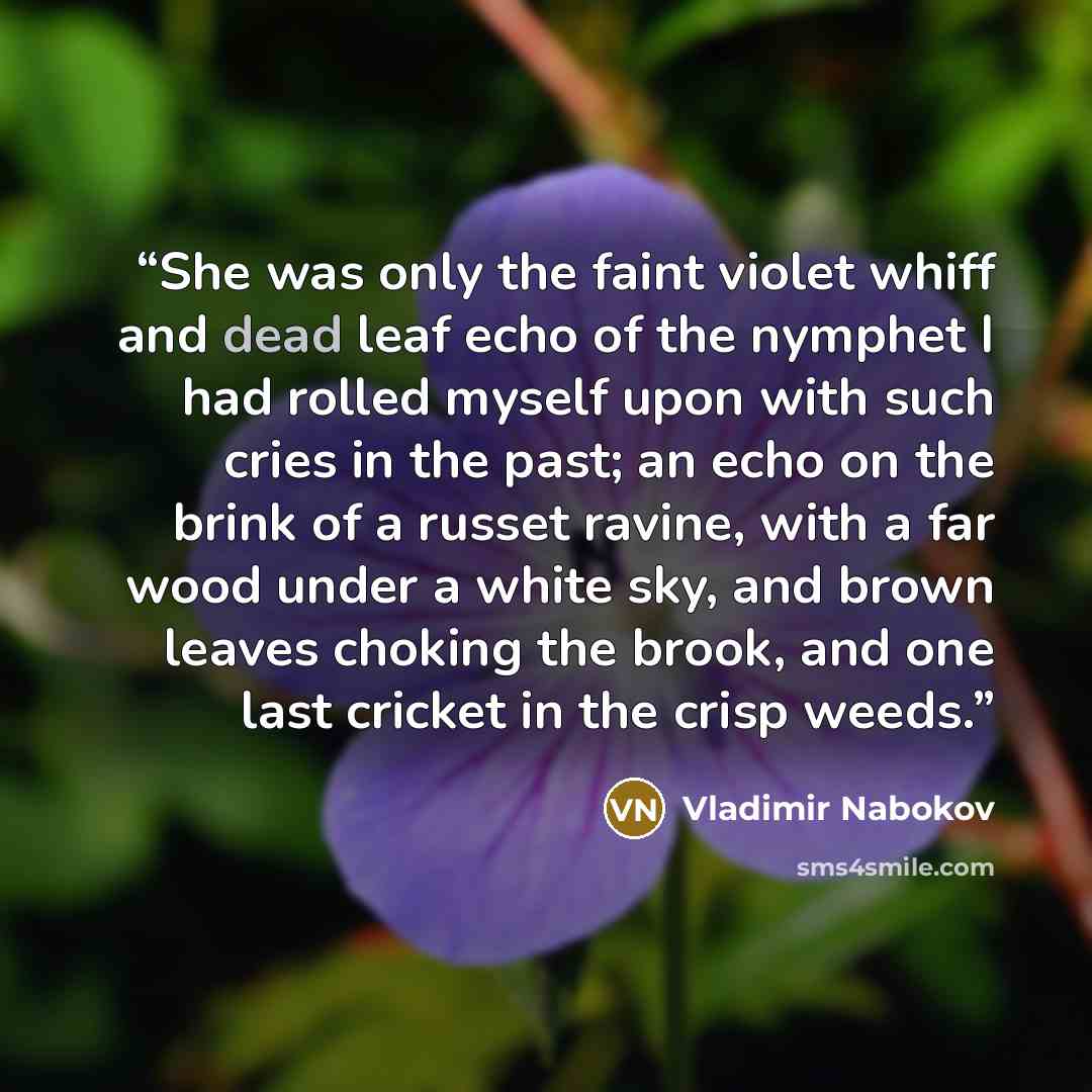 “She was only the faint violet whiff and dead leaf echo of the nymphet I had rolled myself upon with such cries in the past; an echo on the brink of a russet ravine, with a far wood under a white sky, and brown leaves choking the brook, and one last cricket in the crisp weeds.” quote by Vladimir Nabokov