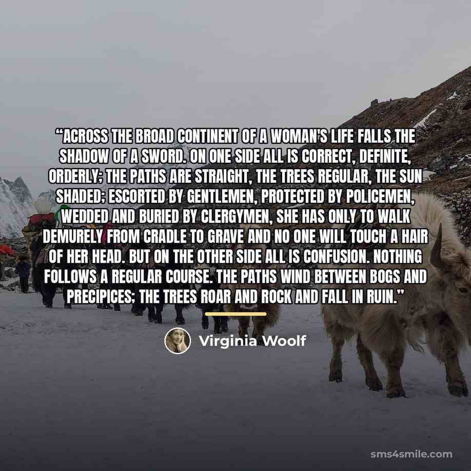 “Across the broad continent of a woman's life falls the shadow of a sword. On one side all is correct, definite, orderly; the paths are straight, the trees regular, the sun shaded; escorted by gentlemen, protected by policemen, wedded and buried by clergymen, she has only to walk demurely from…” quote by Virginia Woolf