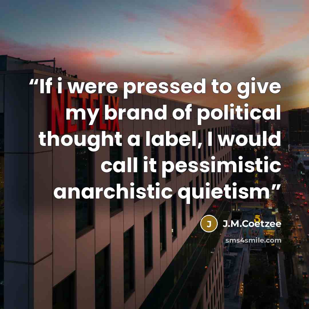 “If i were pressed to give my brand of political thought a label, I would call it pessimistic anarchistic quietism” quote by J.M.Coetzee