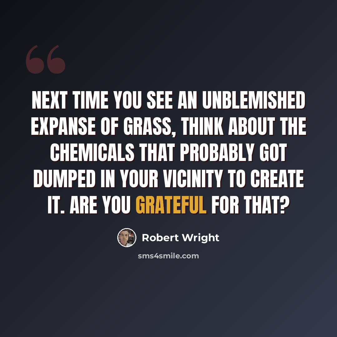 “Next time you see an unblemished expanse of grass, think about the chemicals that probably got dumped in your vicinity to create it. Are you grateful for that?” quote by Robert Wright