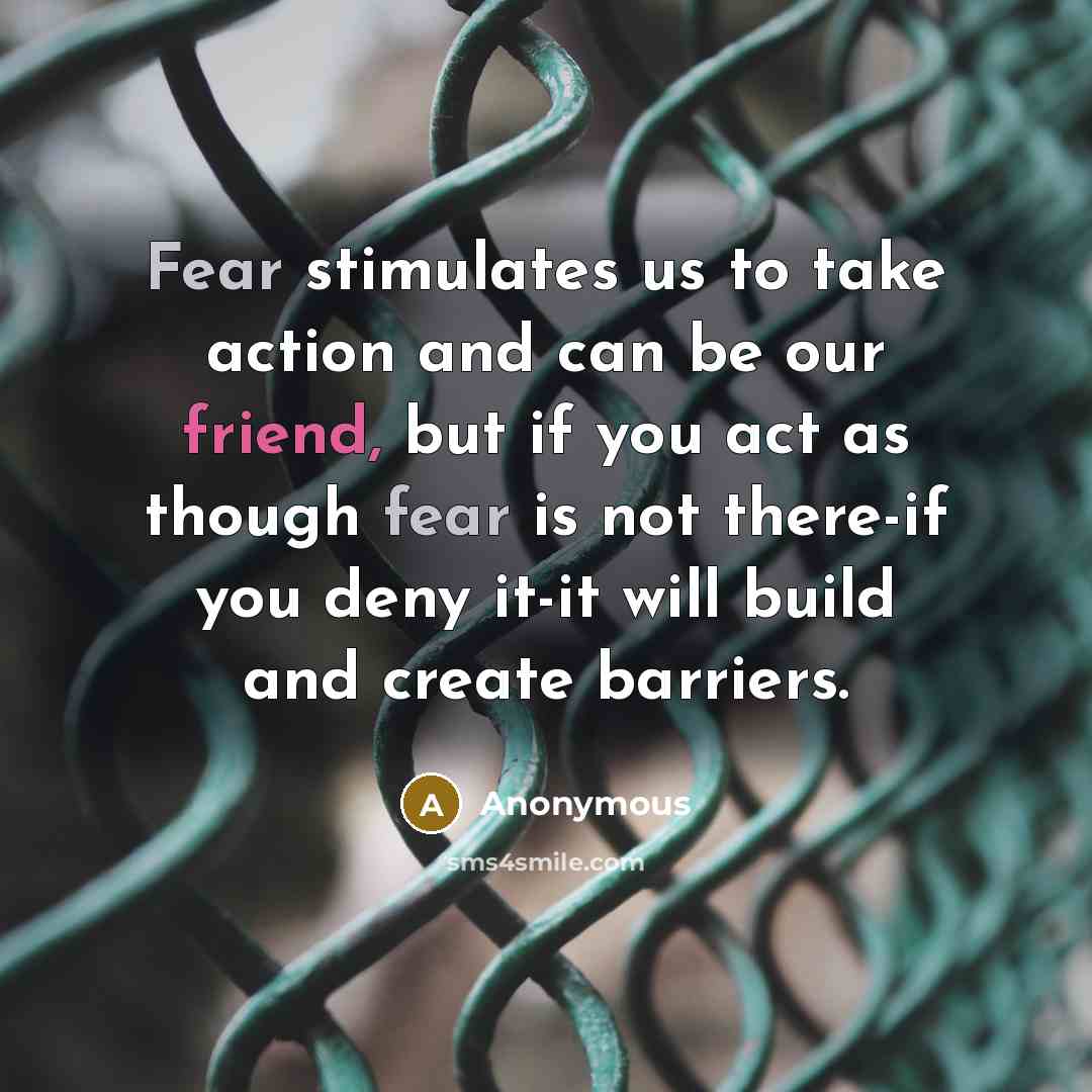 “Fear stimulates us to take action and can be our friend, but if you act as though fear is not there-if you deny it-it will build and create barriers.” quote by Anonymous