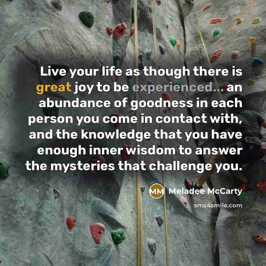 “Live your life as though there is great joy to be experienced... an abundance of goodness in each person you come in contact with, and the knowledge that you have enough inner wisdom to answer the mysteries that challenge you.” quote by Meladee McCarty