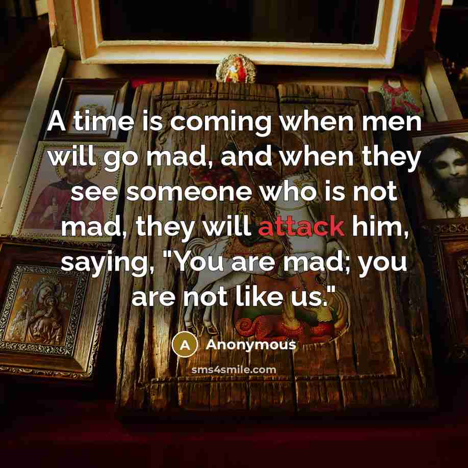 “A time is coming when men will go mad, and when they see someone who is not mad, they will attack him, saying, "You are mad; you are not like us."” quote by Anonymous