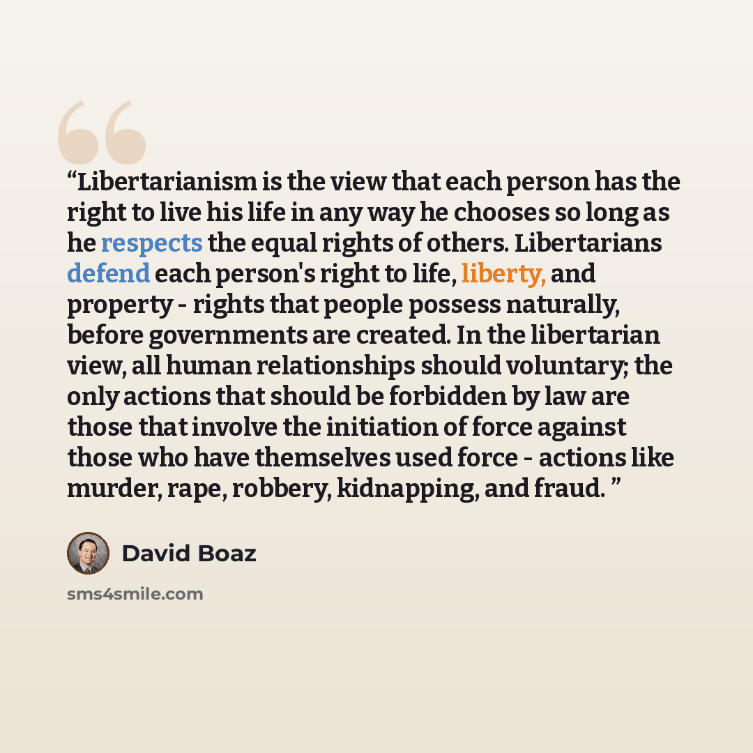 “Libertarianism is the view that each person has the right to live his life in any way he chooses so long as he respects the equal rights of others. Libertarians defend each person's right to life, liberty, and property - rights that people possess naturally, before governments are created. In the…” quote by David Boaz