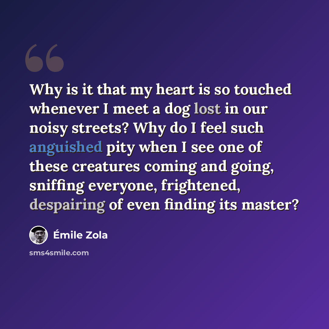 “Why is it that my heart is so touched whenever I meet a dog lost in our noisy streets? Why do I feel such anguished pity when I see one of these creatures coming and going, sniffing everyone, frightened, despairing of even finding its master?” quote by Emile Zola