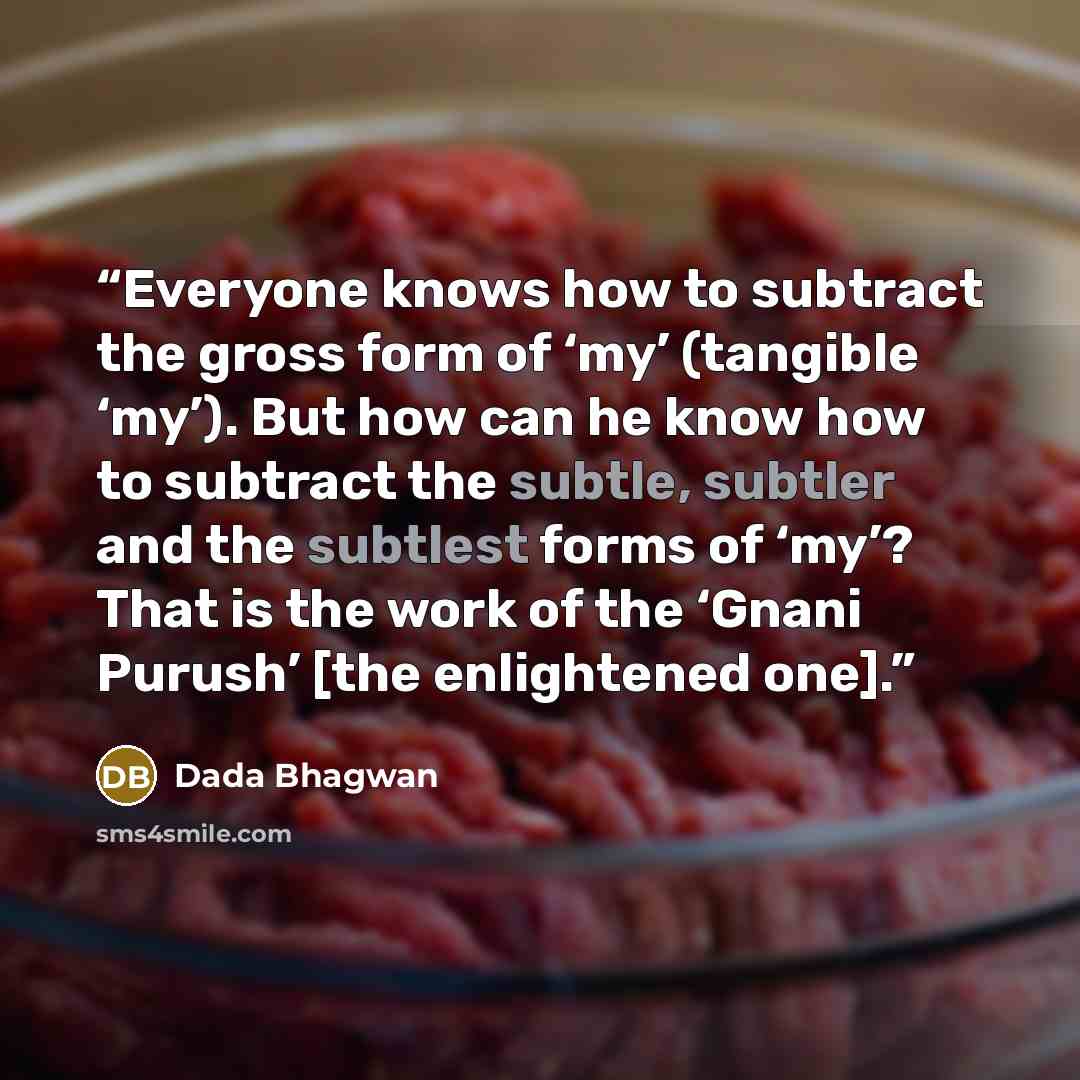 “Everyone knows how to subtract the gross form of ‘my’ (tangible ‘my’). But how can he know how to subtract the subtle, subtler and the subtlest forms of ‘my’? That is the work of the ‘Gnani Purush’ [the enlightened one].” quote by Dada Bhagwan