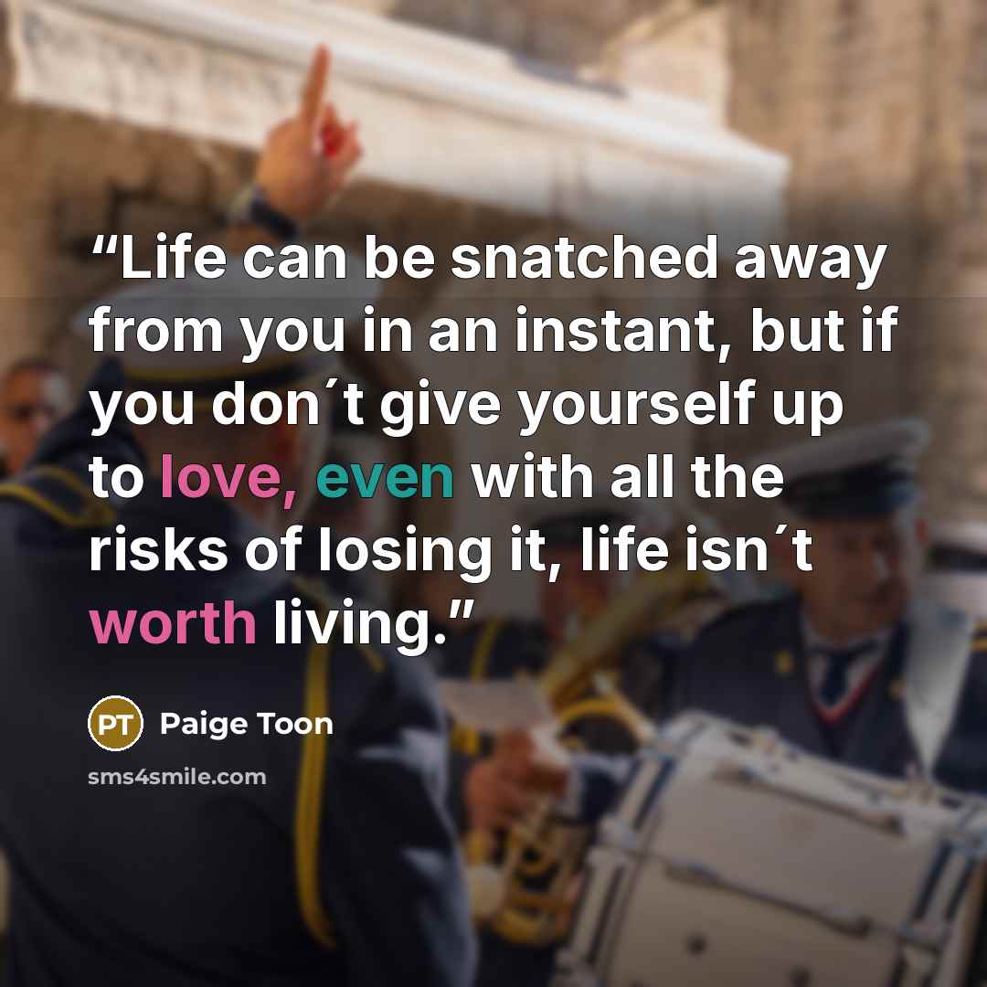 “Life can be snatched away from you in an instant, but if you don´t give yourself up to love, even with all the risks of losing it, life isn´t worth living.” quote by Paige Toon