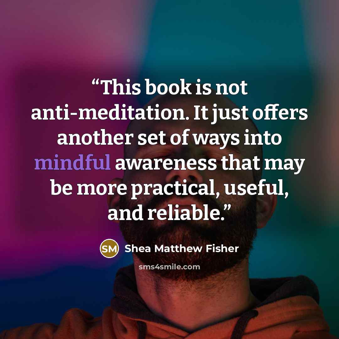 “This book is not anti-meditation. It just offers another set of ways into mindful awareness that may be more practical, useful, and reliable.” quote by Shea Matthew Fisher