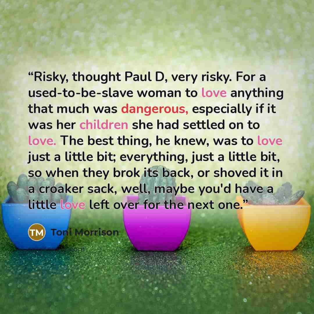 “Risky, thought Paul D, very risky. For a used-to-be-slave woman to love anything that much was dangerous, especially if it was her children she had settled on to love. The best thing, he knew, was to love just a little bit; everything, just a little bit, so when they brok its back, or shoved it in…” quote by Toni Morrison