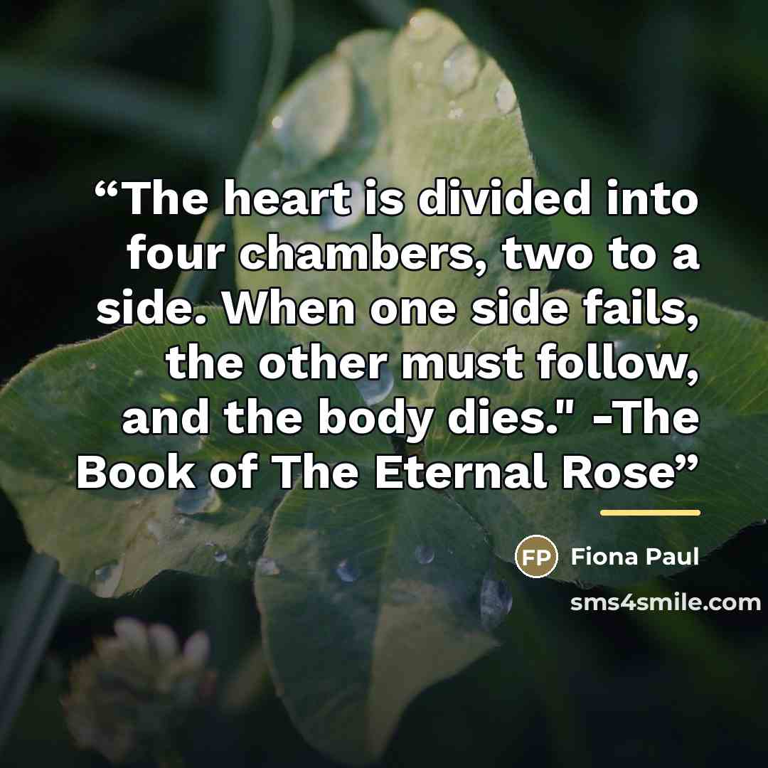 “The heart is divided into four chambers, two to a side. When one side fails, the other must follow, and the body dies." -The Book of The Eternal Rose” quote by Fiona Paul