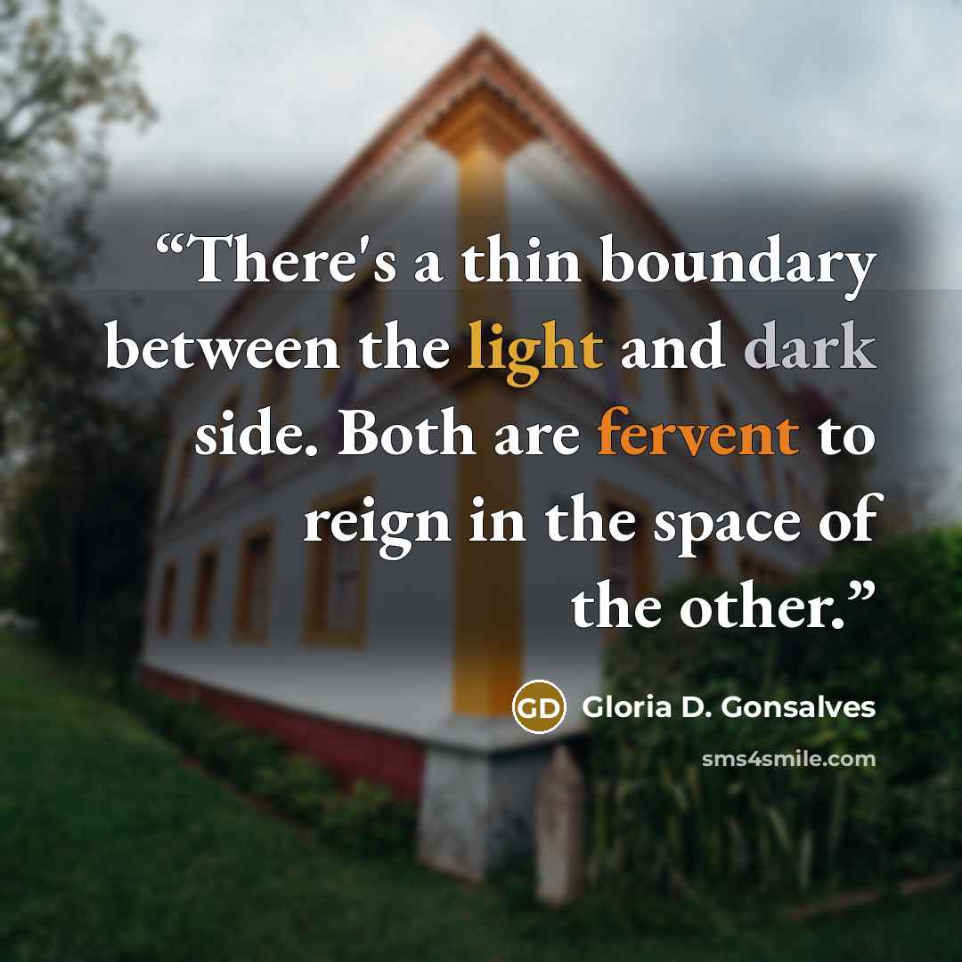“There's a thin boundary between the light and dark side. Both are fervent to reign in the space of the other.” quote by Gloria D. Gonsalves