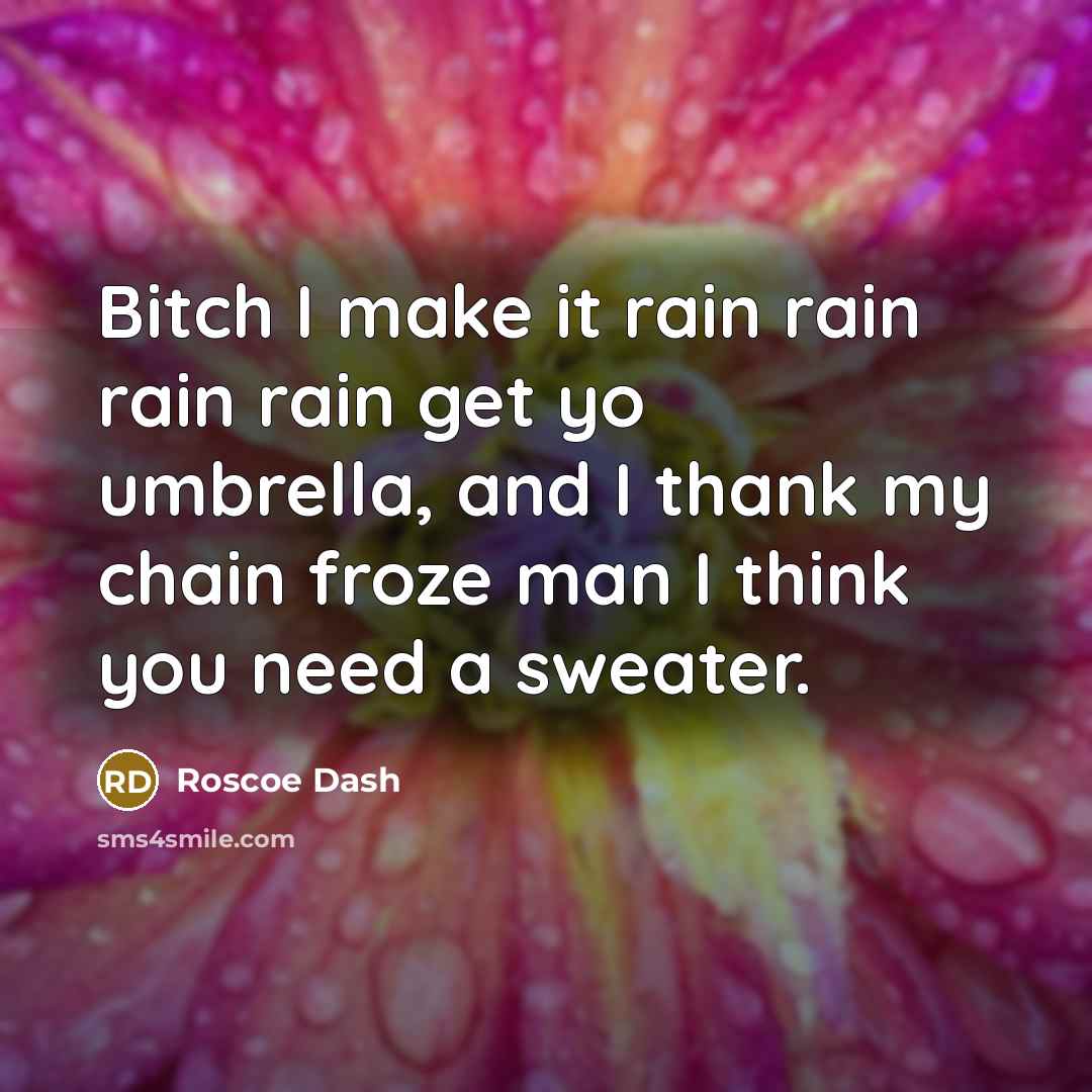 “Bitch I make it rain rain rain rain get yo umbrella, and I thank my chain froze man I think you need a sweater.” quote by Roscoe Dash