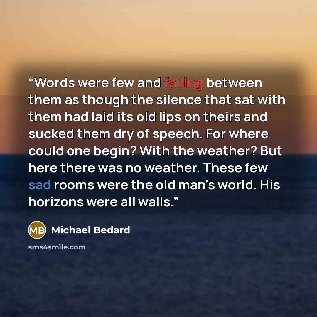 “Words were few and failing between them as though the silence that sat with them had laid its old lips on theirs and sucked them dry of speech. For where could one begin? With the weather? But here there was no weather. These few sad rooms were the old man's world. His horizons were all walls.” quote by Michael Bedard
