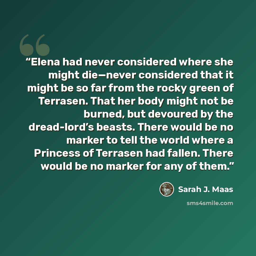 “Elena had never considered where she might die—never considered that it might be so far from the rocky green of Terrasen. That her body might not be burned, but devoured by the dread-lord’s beasts. There would be no marker to tell the world where a Princess of Terrasen had fallen. There would be…” quote by Sarah J. Maas
