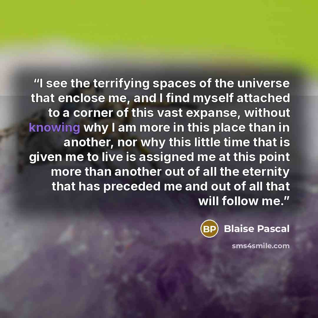“I see the terrifying spaces of the universe that enclose me, and I find myself attached to a corner of this vast expanse, without knowing why I am more in this place than in another, nor why this little time that is given me to live is assigned me at this point more than another out of all the…” quote by Blaise Pascal