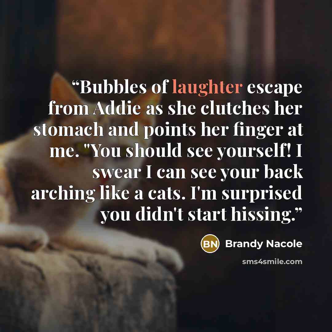 “Bubbles of laughter escape from Addie as she clutches her stomach and points her finger at me. "You should see yourself! I swear I can see your back arching like a cats. I'm surprised you didn't start hissing.” quote by Brandy Nacole