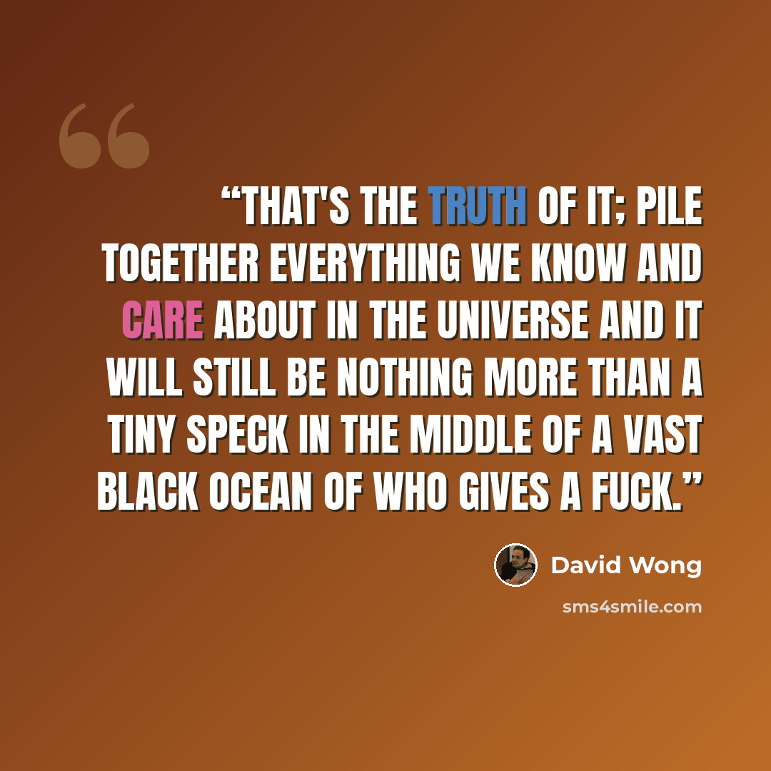 “That's the truth of it; pile together everything we know and care about in the universe and it will still be nothing more than a tiny speck in the middle of a vast black ocean of Who Gives A Fuck.” quote by David Wong